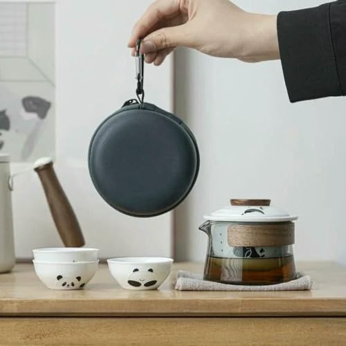 Service à thé de Voyage, 1 théière, 3 Tasses, théière et Tasse à thé Portables pour Camping en Plein air avec Sachet, Service à thé pour la Maison (Panda)