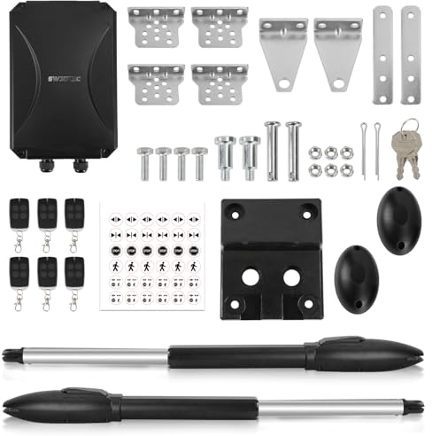 Eikuavons Opérateur automatique pour portail battant 600 kg à double battant - Kit d'ouverture de portail battant - 6,5 m ou 300 kg par vantail - Avec 6 télécommandes, témoin d'avertissement
