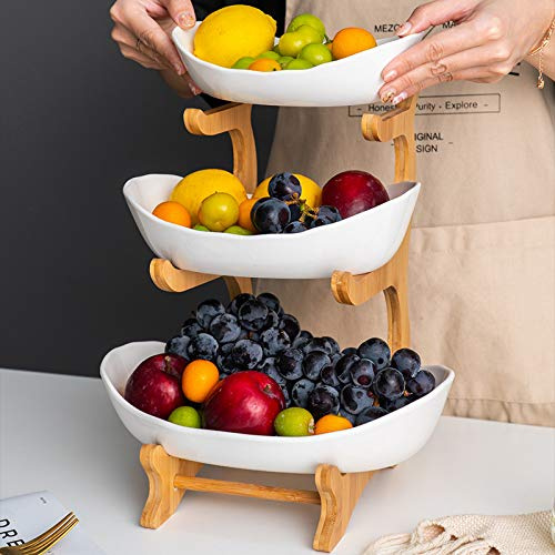 ARDAN STOCK 3-Tier Fruit Bowl Stand | Bamboo & Ceramic Tiered Fruit Holder | Durable, Stable & Stylish Countertop Organizer | Elegant White Serving Display for Kitchen Counter, Dining Table.