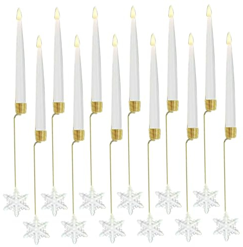 Candele di alberi di Natale senza fiamma, candele per alberi di Natale 12pc con remoto, a cono a conico sfarfallio senza fiamma con ganci del fiocchi di neve, luce bianca calda per la casa, tremoli