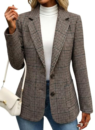 Mina Self Tweed Plaid Blazer Jackets for Women 2026 Spring Houndstooth Wool Chocolate Brown Fitted Womens Blazers Work Casual Professional Dressy Tops Slim Trendy Women's Blazers & Suit Jackets