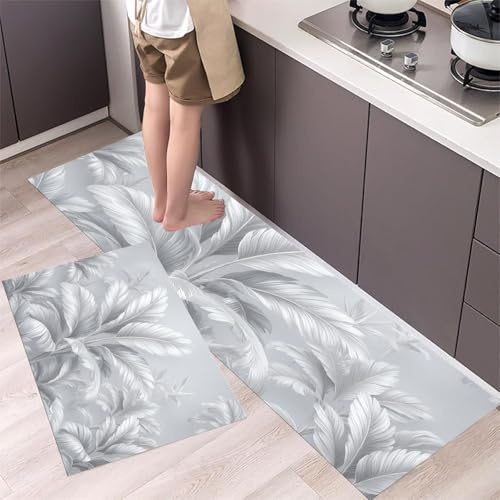 Plantas Tropicales Alfombra de Cocina Antideslizante Alfombra de Cocinas, Palmera frondosa Durable Anti-Fatiga Corredor de Pasillo para Cocinas Lavable de Cocina,45x75+45x150cm