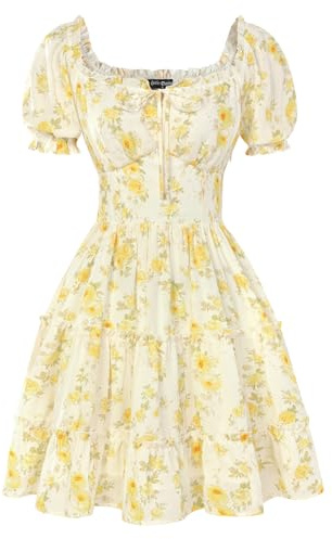 SCARLET DARKNESS Damen Minikleid Puffärmel Blumen Lässiges Sommerkleid | Cottagecore, Quadratausschnitt, 3-stufiges Geschnittenes Saumdesign, Knielang, A Linien, Süße Kleider für Damen mit Taschen