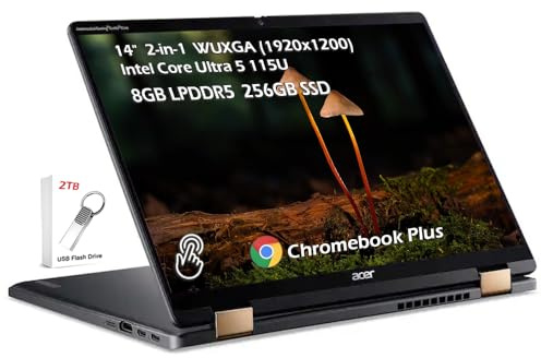 acer Chromebook 2-in-1 Plus Spin 714 con Google AI, 14 WUXGA IPS Touch, Intel Core Ultra 5 115U, 8GB LPDDR5 256GB SSD, retroilluminato KB Wi-Fi6E Bluetooth Chrome OS, grigio acciaio, w/2TB USB Drive