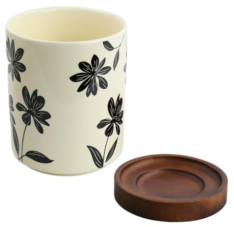 Ziyonix Soporte para Utensilios de Cerámica con Base de Madera, 12 x 10.5 cm Bote para Utensilios, Soporte para Utensilios Giratorio de 360°, Bote para Cubiertos en Relieve