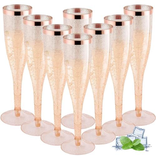 ZkateTrade 50 Stück Sektgläser Plastik, 150ml Champagner Gläser mit Roségoldrand und Roségoldglitter aus Kunststoff, Sektglas Plastik Mehrweg für Mimosa Bar Hochzeit Party Picknick im Freien
