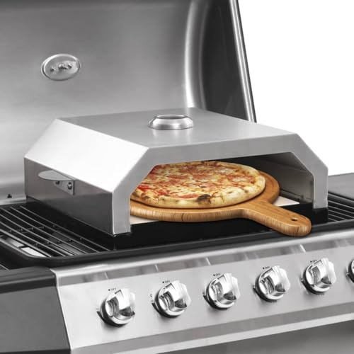 Ziaphsol Four à pizza avec pierre en céramique pour barbecue au gaz ou au charbon de bois, grille chromée pour pizza et tarte flambée, noir et argent, 49 x 35 x 15,5 cm