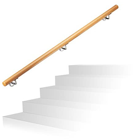 Relaxdays, Diametro 42 mm 10022600_632 Corrimano in Legno di Faggio, 1500 mm/150 cm/1,5 m, Staffe e Tasselli per Montaggio, Rustico, Acciaio Inox