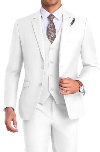 High-End Suits Traje de hombre de 3 piezas, ajuste delgado, traje de boda de dos botones, traje de graduación para hombre, traje de negocios, chaqueta, chaleco, pantalón y corbata, Blanco, XXX-Large