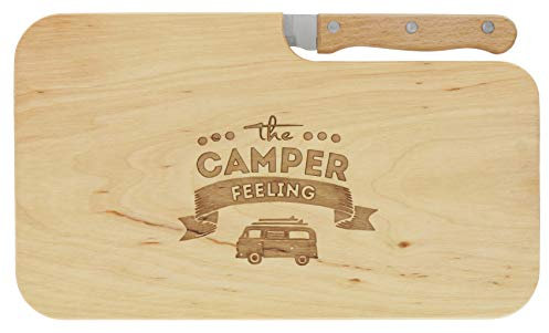 LASERHELD | Brotzeitbrett Holz mit Gravur “Camper feeling” & Messer | 26 x 15 cm | Frühstücksbrettchen Holz Schneidebrett Jausenbrett | Geschenk für Camper und Camping