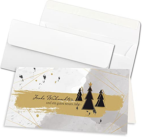 NEUSER PAPIER 50x Weihnachtskarten-Set DIN Lang in Grau mit Weihnachtsbäumen und Text - Faltkarten mit passenden Umschlägen DIN Lang Hochweiß mit Haftklebung - Weihnachtsgrüße für Firmen und Privat
