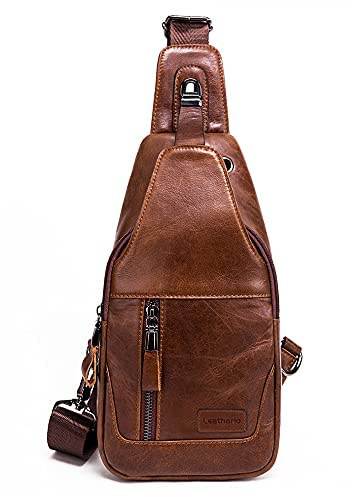 Leathario crossbody-väska i läder för män, slingväska gjord av kohud, slingryggsäck, vintage svart axelväska för arbete och vardag, svart, Braun 236n