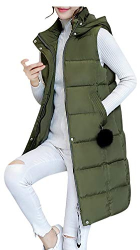 HHMY Quiltad väst lång dam: Lång vinterkappa väst med huva ärmlös varm dunrock med fickor quiltad väst dunjacka quiltad jacka övergångsjacka, S – 5XL, C01-grön, L