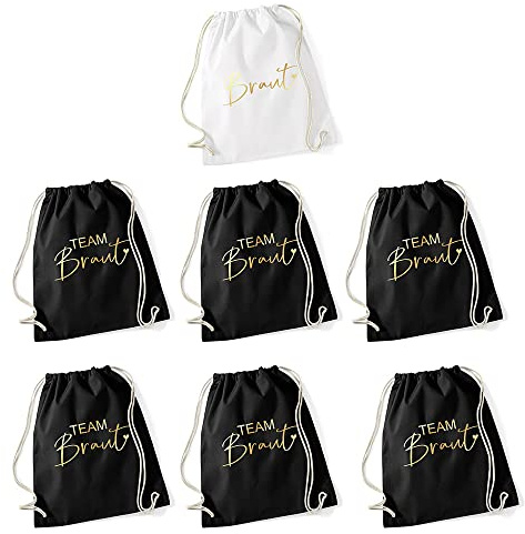 JGA Set Turnbeutel Rucksack Stoff-Taschen BRAUT & TEAM BRAUT mit Herz in weiß & schwarz Junggesellinnenabschied Frauen Inhalt 1x Braut & 6x Team Braut