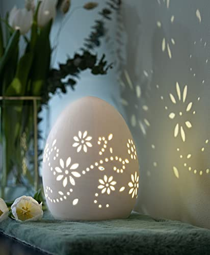 Dekoleidenschaft LED Ei Blüten aus Porzellan, weiß, 20cm hoch, Osterei mit Ausstanzungen, Osterdeko, Tischleuchte, Projektor