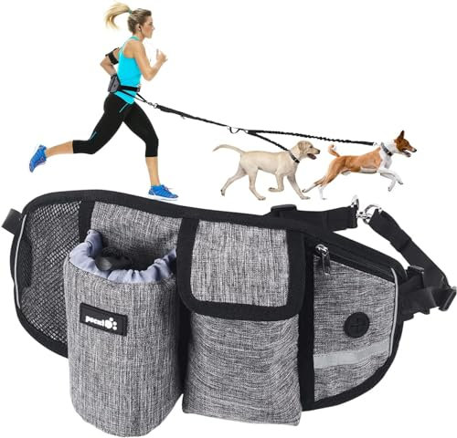 Pecute Leine für 2 Hunde, Laufleine, freihändig, doppelter Laufgurt für Hunde mit Mehreren Taschen und doppelten Griffen, einziehbare Bungee-Leine mit reflektierenden Nähten