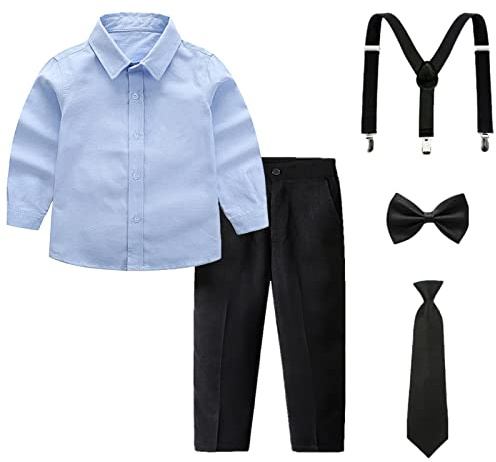 amropi Traje de Bautizo Niños Conjuntos de Camisa de Manga Larga y Pajarita y Pantalones y Tirantes Azul Negro, 7-8 años