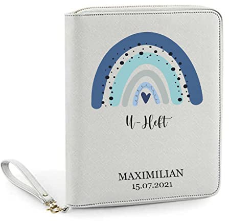 Organizer mit Namen personalisiert | Motiv Regenbogen Blue Sky | Familienorganizer Mutterpasshülle Dokumententasche U-Heft Unterlagen Impfpass (grau)