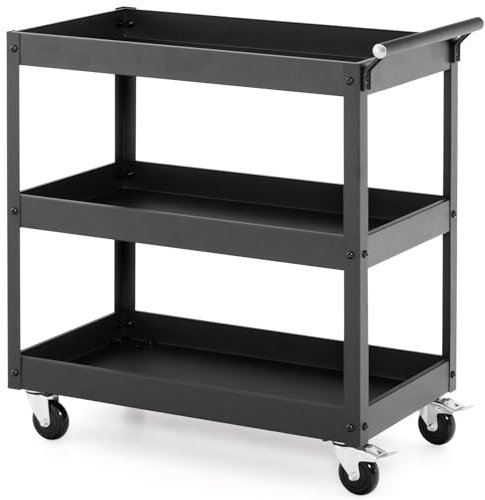 COSTWAY 3 Tiers Tool Trolley, Heavy Duty Service Cart with Handle and Lockable Wheels, Rolling Workshop DIY Storage Trolley for Garage Restaurant Kitchen (1 Towel Rack Handle, Black)