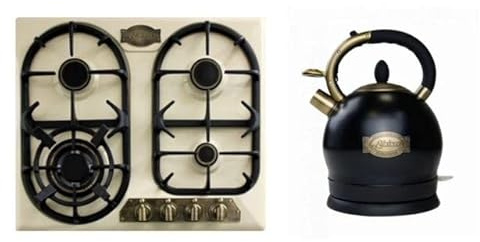 Kaiser Gas-Kochfeld KG 6325 ELfEm, Retro Einbau Gasherd, 60cm, Empire,Emailliert Elfenbein,3,8 Kw WOK+WK 2000 Em Exklusiver Retro Wasserkocher Kontroll LED 2 L 1800W