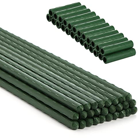Frcctre Garden Stakes 50 Pack, 16 Metal Plant Support Sticks with Connectors, Plastic Coated Rust-Resistant Tomato Cucumber Beans Climbing Stakes for Potted Plants