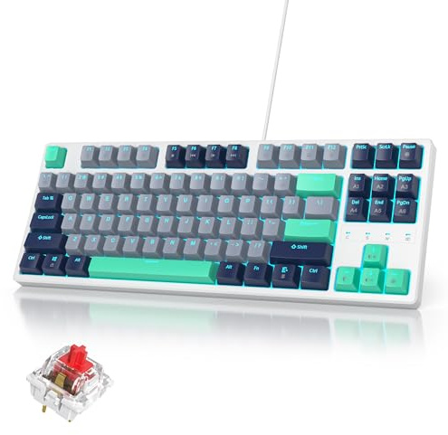 SOLIDEE Tragbare 80% mechanische Gaming-Tastatur,87 Tasten kompakte RGB LED-Hintergrundbeleuchtung,kabelgebundene Tastatur mit USB Kabel,mit linearem roten Schalter(87 Hammerhead Shark)