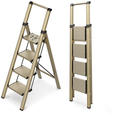 WOA WOA 4 Step Ladder for 10 Feet High Ceiling, Lightweight Foldable Ladder with Non-Slip Wide Pedals, Step Stool with Safe Handrail, Space Saving for Home, Kitchen, Indoor & Outdoor 300lbs - Gold