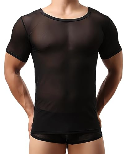 T-shirt in rete da uomo, canotta sexy a maniche corte trasparente per uomo, magliette traspiranti aderenti ad asciugatura rapida per l'allenamento, girocollo maglia maniche corte T-shirt trasparenti
