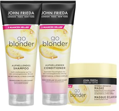 John Frieda Go Blonder Vorteilsset: Shampoo, Conditioner, Maske (Je 250 ml) - Schutz Vor Haarschäden - Aufhellend - Für Blondes, Blondiertes Haar