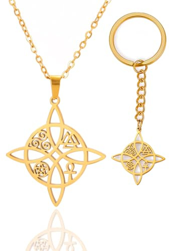 VASSAGO Collier avec pendentif en forme de nœud de sorcière celtique en acier inoxydable pour femme et fille (Ensemble or)