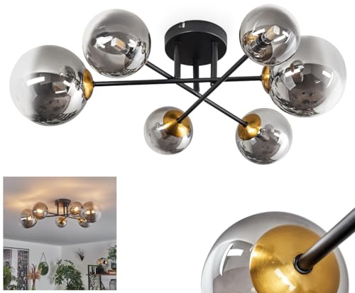 HOFSTEIN Deckenleuchte Chehalis, 6-flammige Deckenlampe aus Metall/Glas in Schwarz/Gold/Rauch/Klar, Leuchte im Vintage-Design, Ø Schirme 10; 12; 15 cm, G9, Esszimmer, Schlafzimmer, Wohnzimmer, Küche