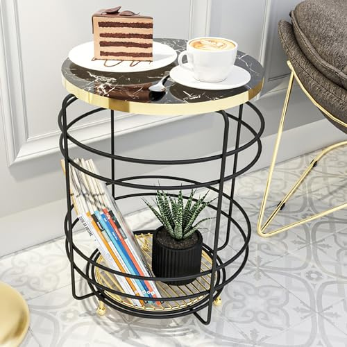 [en.casa] Beistelltisch Padasjoki Wohnzimmertisch rund Marmoroptik Schwarz Goldfarben Korbtisch Metallkorb 55 x Ø 40 cm Sofatisch