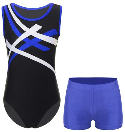 RUNQHUI Justaucorps Gymnastique avec Short Garçon Enfant Ensemble Tenue Gym Danse Ballet 5-16 Ans Type A Bleu 11-12 ans