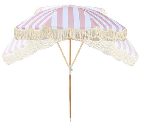 Strandschirme für Sand, 180 cm, Terrassenschirm mit Fransen, Outdoor-Regenschirm mit Neigung, Boho-Regenschirm, Quasten, LSF 50+, wasserdicht, tragbar, mit Tragetasche, Markttischschirm, winddicht,