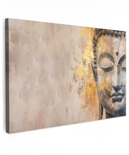 MuchoWow© Leinwandbild Groß XXL Dekoration Wohnzimmer Bilder Pictures Wall | 120x80 cm - Decoration Living Room Wohnungs Deko Moderne Bild Buddha - Zen - Gold - Luxus - Spirituell