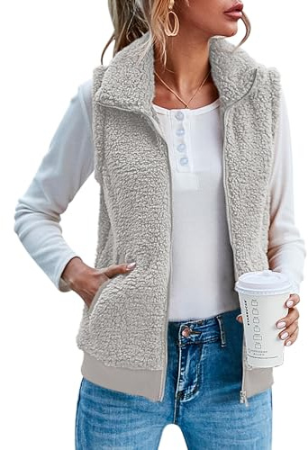 IECCP Teddy fleece-väst för kvinnor UK kroppsvärmare väst toppar enfärgade lätta mysiga västar stående krage ärmlös dragkedja väst med fickor, Ljusgrå, M