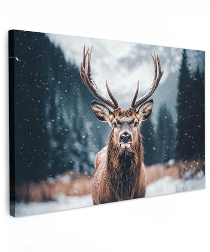 MuchoWow© Leinwand Groß XXL Deko Schlafzimmer Aesthetic Leinwandbilder | 120x80 cm - Wohnzimmer Gemälde Foto Geschenk Living Room Decoration Hirsch - Tiere - Landschaft - Winter - Schnee