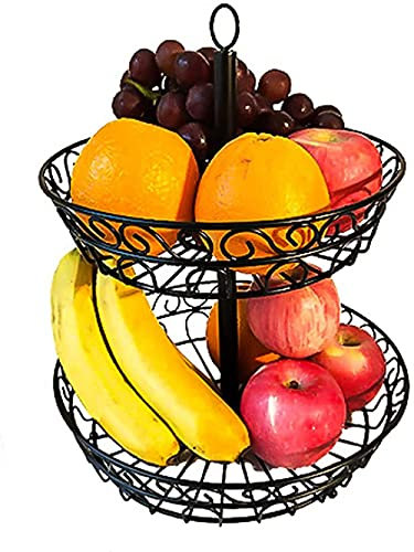 SHOUKAII Cesto di Frutta Cesto Mobile a 2 Livelli Cesto di Frutta in Metallo Nero a più Livelli for Presentare Snack di Frutta Fresca e Altri cesti di Articoli for la casa
