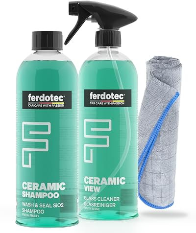 FERDOTEC Juego de limpiador de cristales para coche (2 x 750 ml) – Champú de cerámica + paño de microfibra y limpiacristales incluye sellador para ventanas de coche sin rayas – Sellador de parabrisas