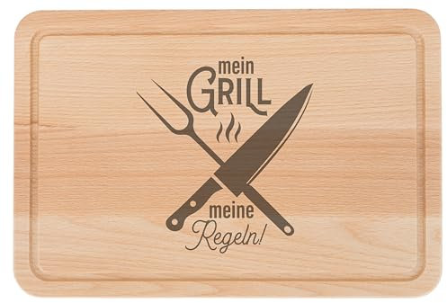 Großes Brotzeitbrett, Schneidebrett aus Buchenholz, mit Gravur 'Grillen', 30x20x1,5cm und Saftrille. Geölte Oberfläche hochwertige Lasergravur (Mein Grill - meine Regeln)
