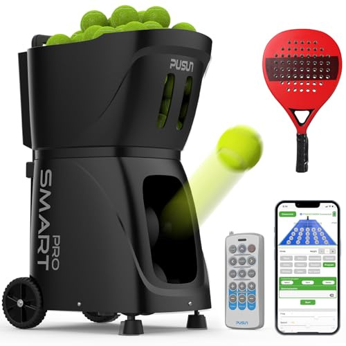 PUSUN PT-SMARTPro Padel Ballmaschine, Intelligenter Ballwerfer mit App-Steuerung, 20-Punkt-Programmierung, 12 Aufschlagmodi, Zufallsballfunktion, Perfekt für alle Spielniveaus