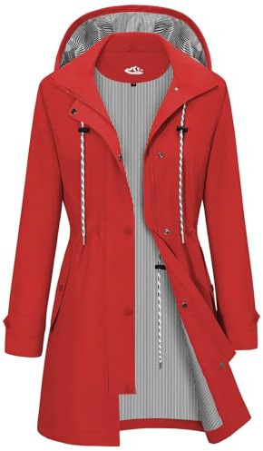 CMTOP Veste Imperméable Femme Longue Coupe Vent Parka Mi Saison Vêtements d'Extérieur Printemps Automne Manteau Cordon de Serrage Trench Légère et Pliable Veste de Pluie avec Capuche (Rouge, L)