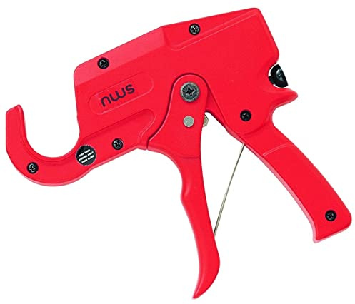 Cortatubos para plásticos, acción carraca, forma de revólver, ideal para cortes precisos en instalaciones de fontanería y bricolaje.