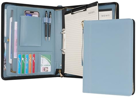 Wason Cartella formato A4 con cerniera - Portafoglio in Pelle PU con Raccoglitore ad Anelli Staccabile e Supporto per Blocco Note, Organizzatore per Conferenze Ufficio Viaggi Scuola (Blu nebbia)