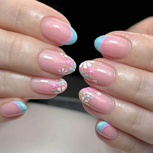 24pcs Floral Press On Nails Short - Oval False Nails - French Tip Fake Nails With Flower Design - Glossy Full Cover Acrylic Glue On Nail - Spring Summer Stick On Nail For Women