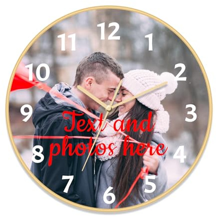XSTZR Horloge Murale personnalisée avec Photo, horloges Modernes à Piles 8 Pouces, Ronde, silencieuse, analogique, Classique, pour Bureau, Maison, Salle de Bain, Cuisine, Chambre, école (Or)