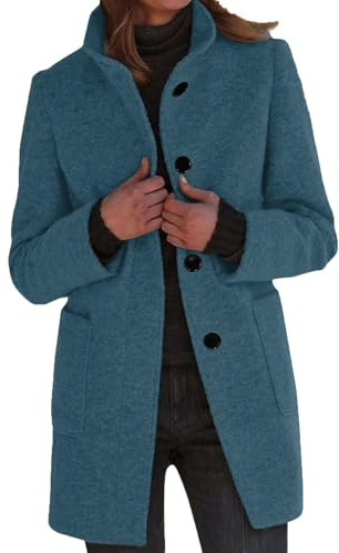 Wollmantel Damen Winter Mantel Lang Wintermantel Elegante Damenmantel Casual Tweed Übergangsjacke Einfarbig Freizeitjacke Stehkragen Jacke Mit Knöpfen Winterjacke Frauen Mit Taschen Wolljacke