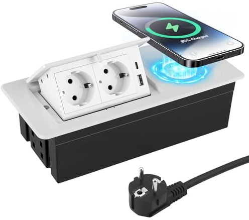 PD20W USB C USB A - Prise encastrable à 2 prises - Avec charge sans fil de 15 W - Pour plan de travail, table de canapé, maison, bureau - Câble de 1,8 m - Blanc