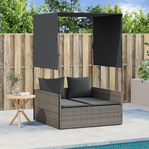 HEFZGDB Doppel-Sonnenliege mit Dach und Vorhängen Grau Poly Rattan Gartenmöbel PE-Rattan Outdoor-Lounge Sitzgruppe mit abnehmbaren Kissen wasserfester Bezug witterungsbeständig