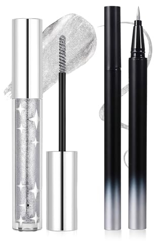 Silver Glitter Mascara&Eyeliner Set,Glitzer Wimperntusche Länge and Volume | Glitzer Eyeliner,Metallic Glitter Liquid Kajal Wasserfest & Wischfest,Hochpigmentierter Augen Make-Up für Party,Stage